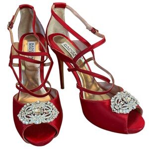 Badgley Mischka Red peep toe Heels w/red strap & crystal embellishment Size 8.5